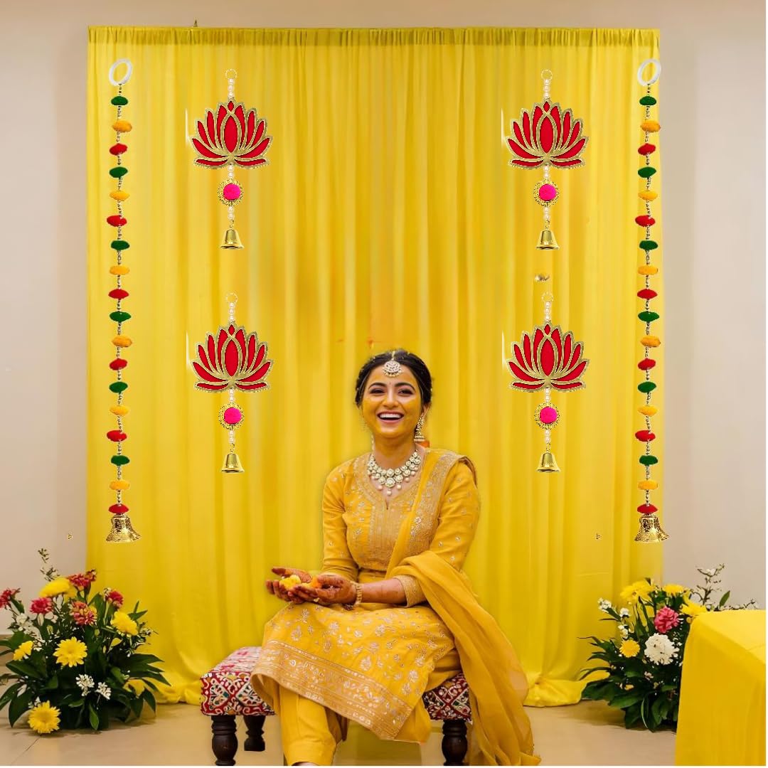 Floroom Yellow Backdrop Cloth for Decoration with Pom Pom Hangings - 8Pcs Haldi Decoration Items for Home Decor, Haldi Backdrop Decorations Set, Pooja, Wedding, Festive Decor (Haldi_45) 4