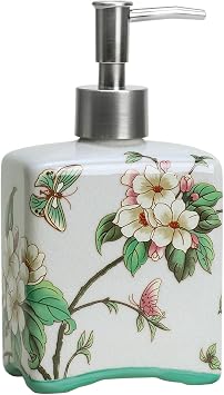 Ceramic Soap Dispenser, Lotion Bottle, Soap Bottle with Removable Pump, Flower Pattern Dispenser for Kitchen Soap, Bathroom Soap, Lotion and Essential Oil-Beige-13 OZ
