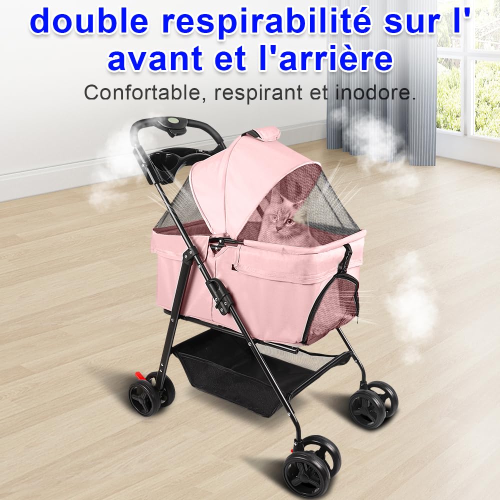 OHMG 3 in 1 Buggy faltbar Hund Katze Aufbewahrungskorb Getränkehalter Stoff 600D Oxford wasserdicht 4 Räder verschleißfest 360° Fenster aus Netz, Getränkehalter