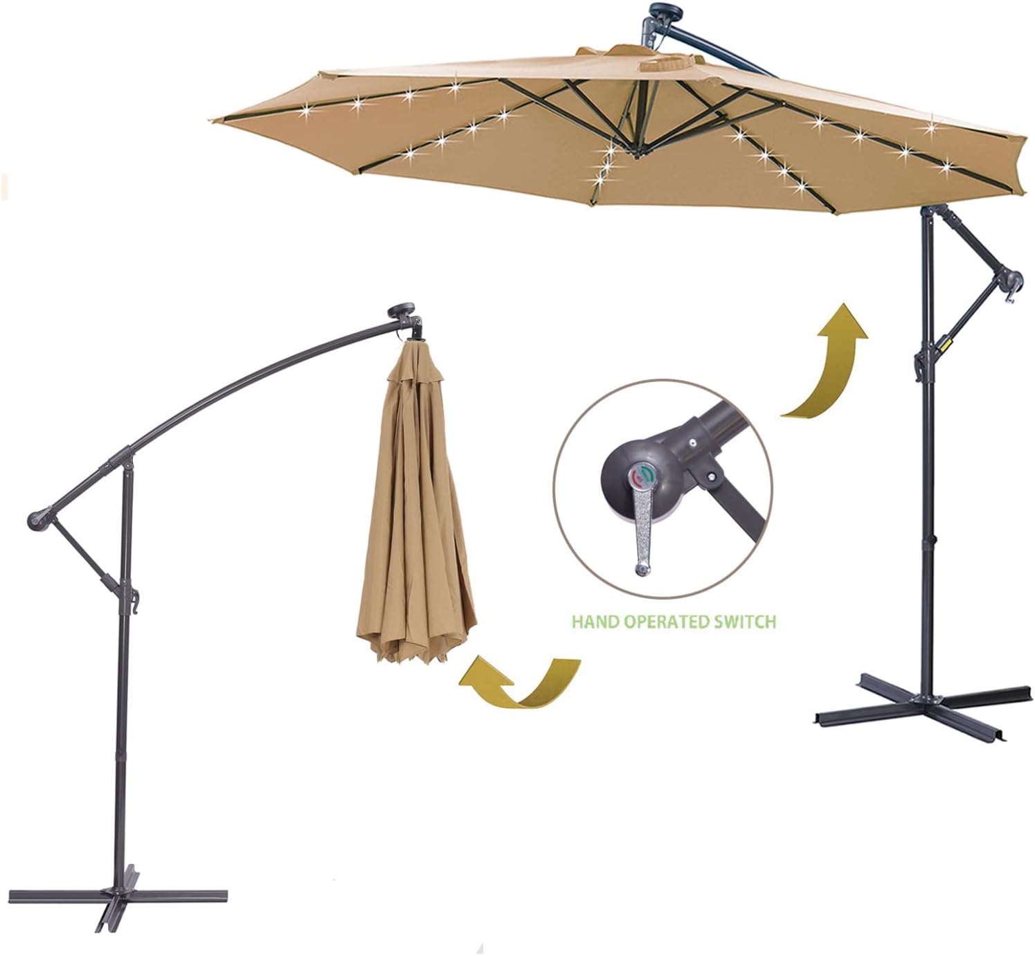 10 FT Umbrella Outdoor Patio, Solar LED Patio Umbrellas Cantilever Umbrella with Base Included, Easy Open Adustment with 32 LED Lights