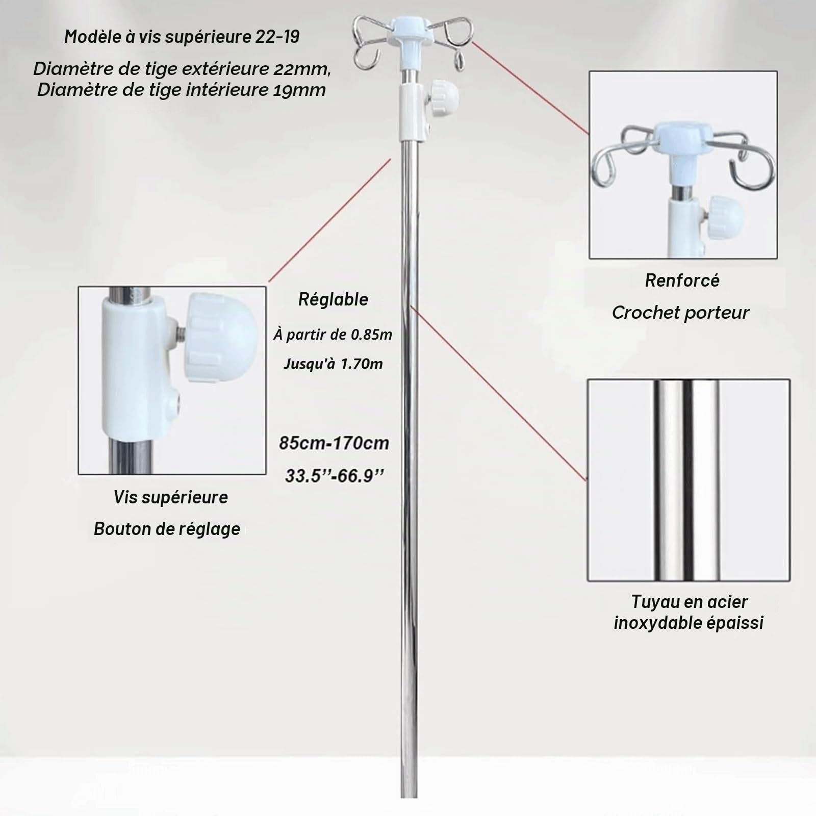 EYPKPL Potence à Perfusion en Acier Inoxydable, réglable en Hauteur, avec 4 Crochets, Support de Perfusion léger, Support de Poche à Perfusion, 19 mm, 22 mm, 25 mm(22mm)