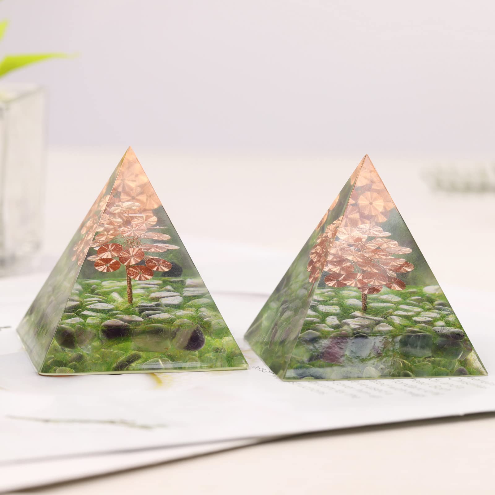 Nupuyai Fluorite Spiral Tree of Life Crystal Pyramid Ornament, Quartz Point Energy Figurine Reiki Healing Stone Pyramid - Image 4