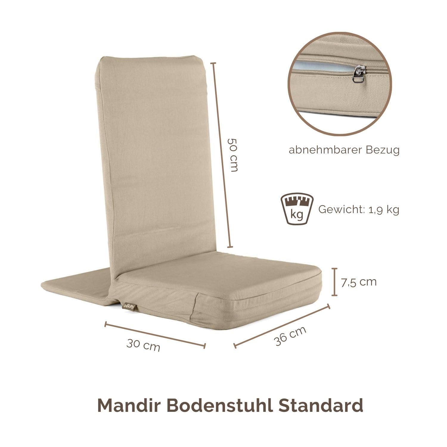Bodhi Mandir Bodenstuhl | Meditationsstuhl mit dickem Sitzkissen | Komfortabler Bodensessel mit gepolsterter Rückenlehne | Waschbarer Bezug | Ideal für Freizeit, Yoga & Meditation (Light Taupe)