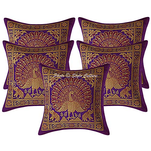 Stylo Culture Indio Fundas De Cojines Decorativos 30x30 cm Brocado De Seda Pavo Real Fundas Almohadones Sofa Morado 12x12 Inch Jacquard Cuadrado Cremallera Funda Cojin Cama - 5 Pcs