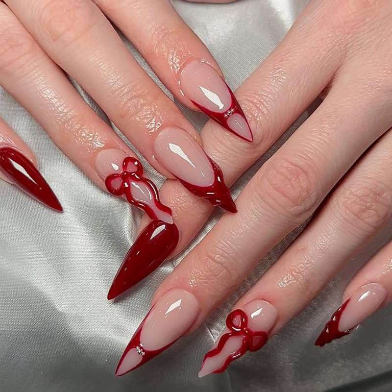 Red French Tip Press on Nails Medium Almond Fake Nails Wine Red Bow False Nails Stiletto Acrylic Nails Full Cover Glue on Nail for Women Manicure Deco 24pcs