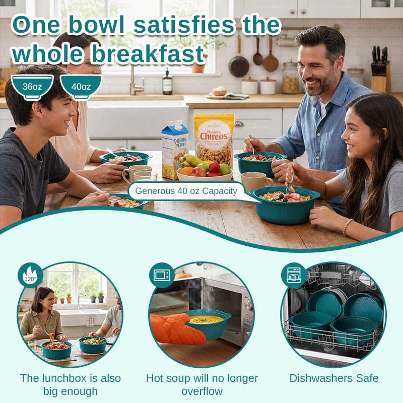 Image of Green 40oz Cereal Bowls with lid set of 4,Microwave Safe,Family&Camping