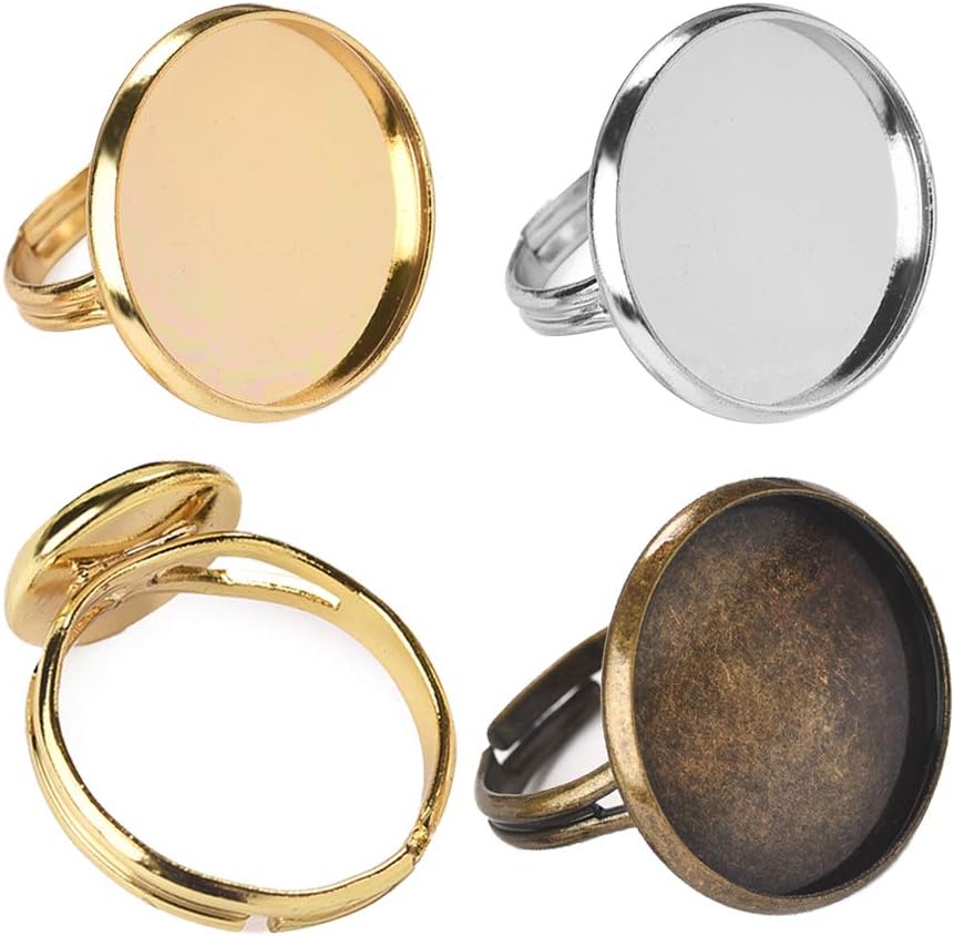 OBSEDE Ring Blanks for Jewelry Making with 16mm Pad Base Adjustable Ring Gold Silver Brass 30Pcs Blank Rings Total