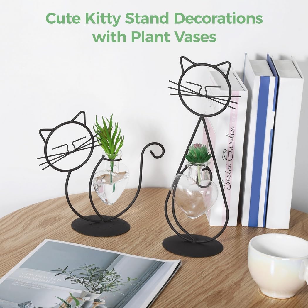 Lot de 2 vases de Propagation Kitty, Supports en Fer avec vases en Verre pour Plantes d'intérieur, Pots hydroponiques en Forme de bulbe, Station de bouturage pour Plantes Aquatiques et fougères