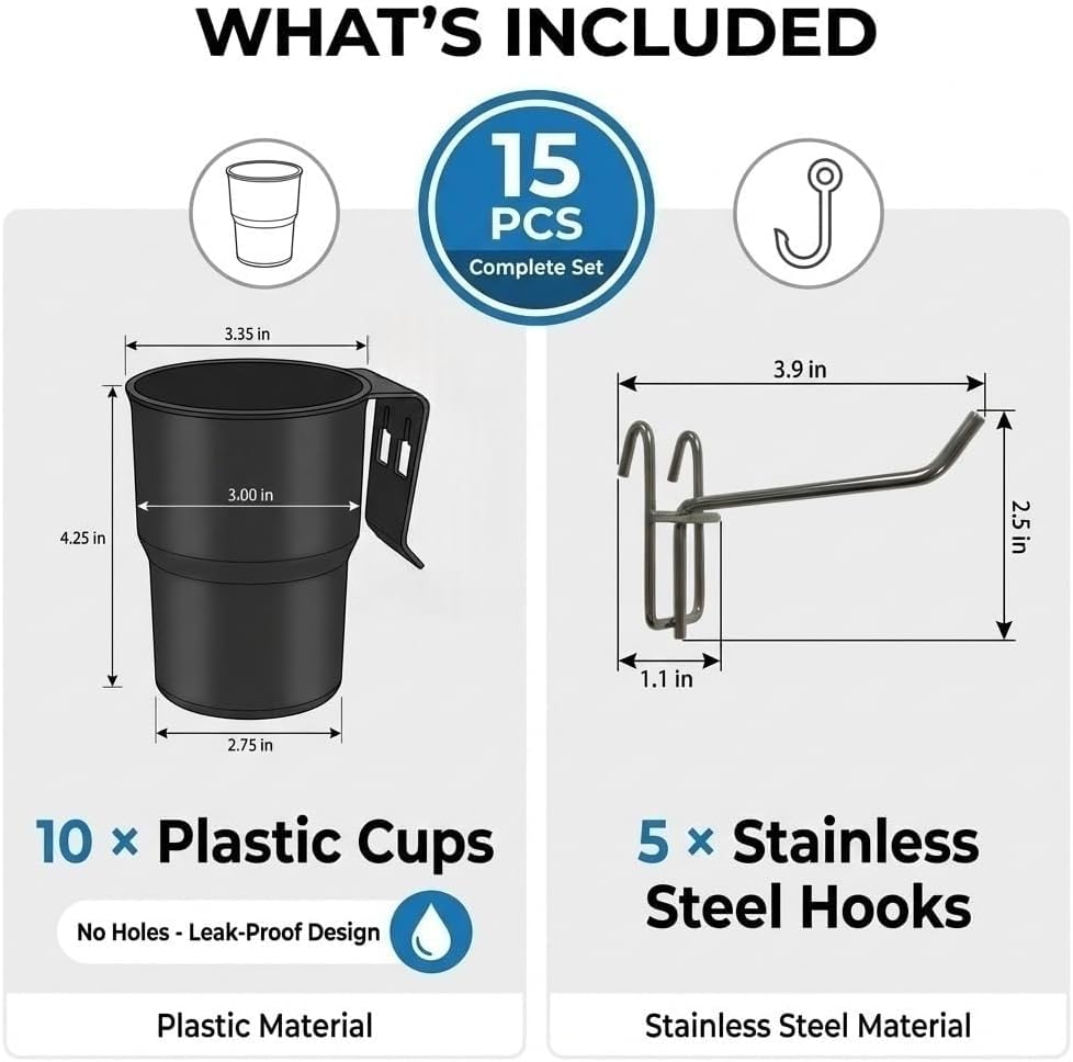 Kaforise15-Piece Wire Grid Panel Accessories Set, 10 Black Hanging Cups and 5 Stainless Steel Hooks, Wall Organizer for Art Supplies, Pen Holder, Vertical Garden Planter, Craft Room Storage