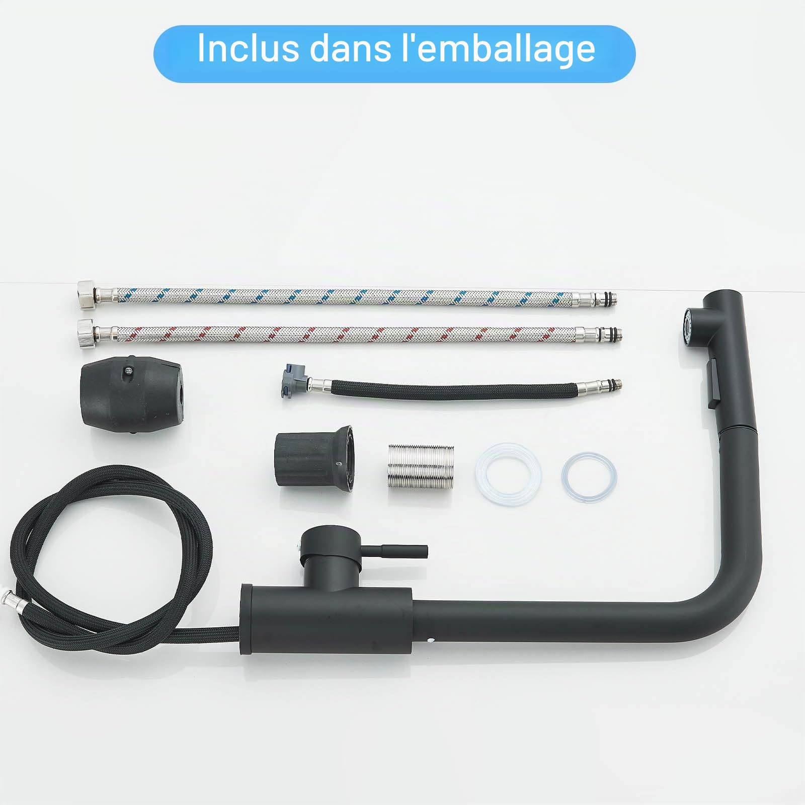 Robinet Cuisine Noir 2 Modes de Réglage avec Douche Extractible | JUNSHENG Robinet Cuisine Noir 2 Modes de Réglage avec Douche Extractible Mitigeur de Cuisine Pivotant à 360 Degrés