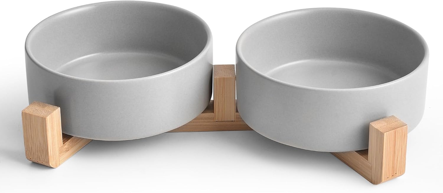 Mowtanco Grey Ceramic Dog & Cat Bowl Set – 13.5 OZ with Wooden Stand, Non-Slip, Elevated Design for Small Dogs & Cats – 2 Bowls (Food & Water, Ceramic Pet Bowls, Modern Dog Bowls)