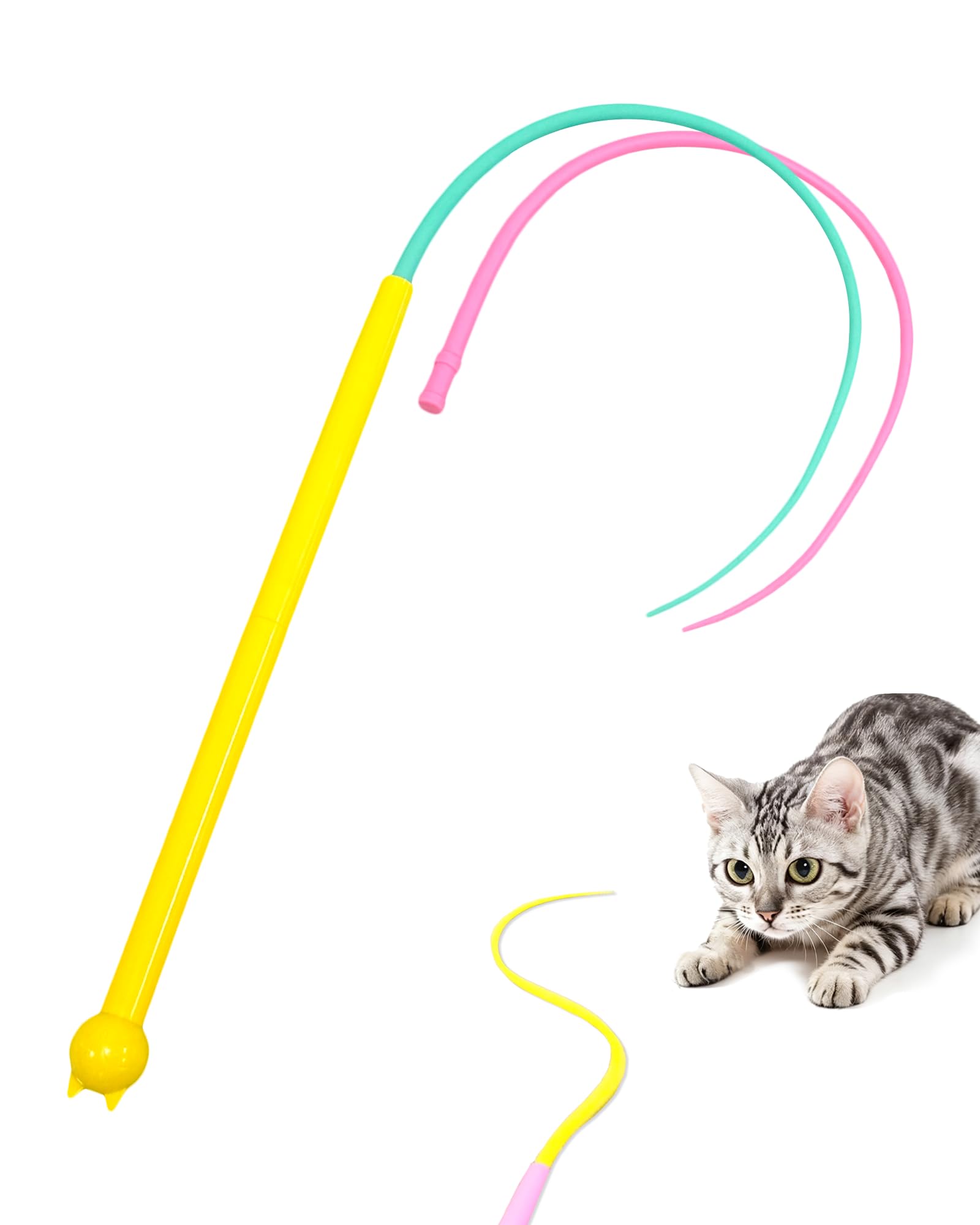 ETIALURE Cat Wand Toy Silicone, Teaser Toy for Indoor Cats, Silicone Tail Non Feather Interactive Stick (Yellow & Green + Pink)