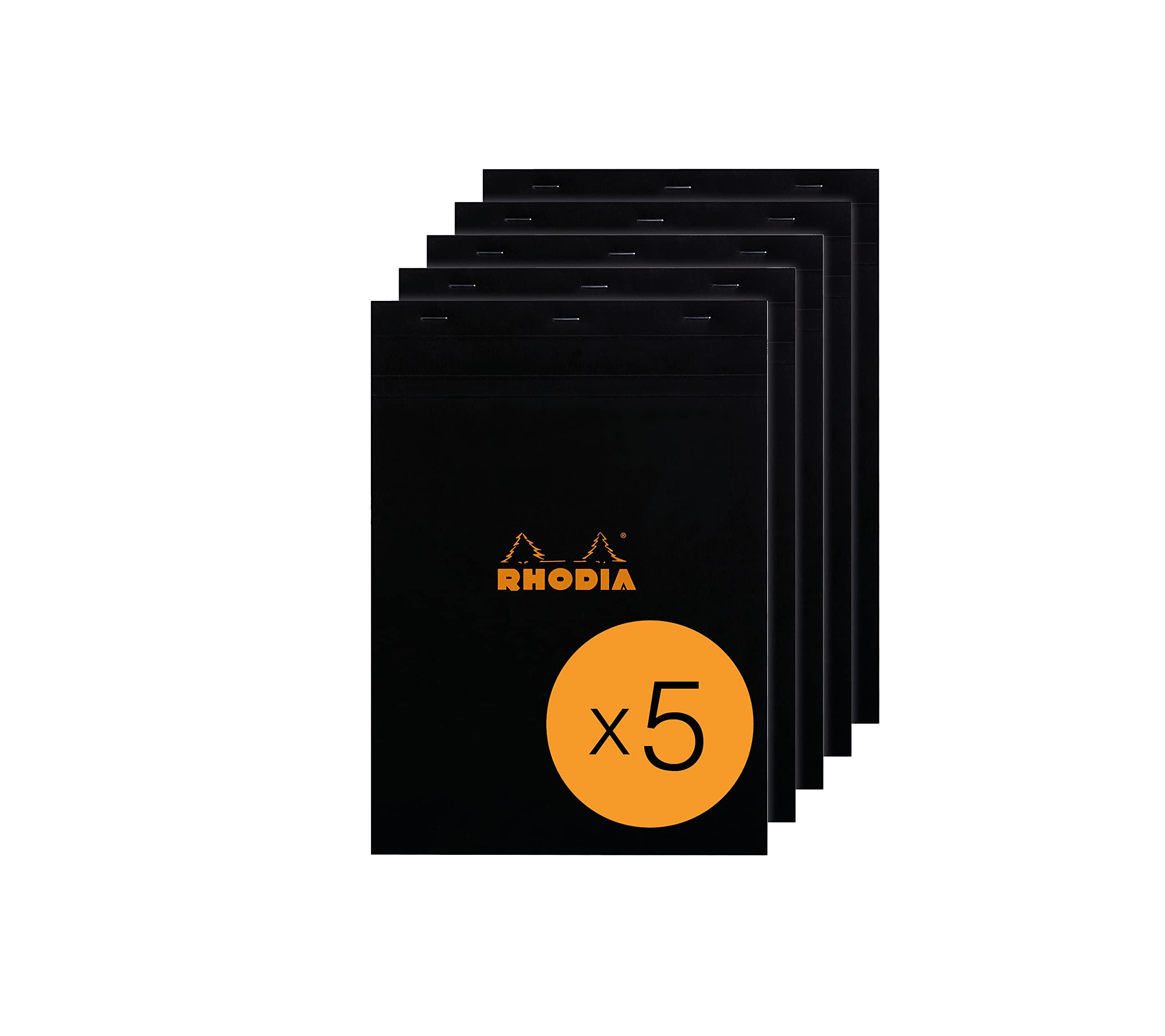 RHODIA 182009C - Stapled Notepad N°18 Black - A4 - Small Squares - 80 Detachable Sheets - 80G Clairefontaine Paper - Coated Card Cover - Pack of 5 pads