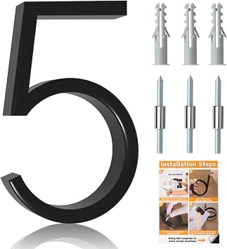Briout 5" Floating House Numbers for Outside, Metal Modern Address Numbers for House, Zinc Alloy Anti-Rust Mailbox Numbers with Nail Kit for High-Visibility Home& Garden Door Decor, High Gloss Black 5