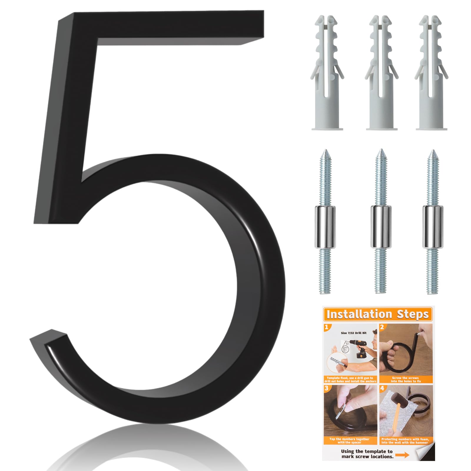 Briout 5" Floating House Numbers for Outside, Metal Modern Address Numbers for House, Zinc Alloy Anti-Rust Mailbox Numbers with Nail Kit for High-Visibility Home& Garden Door Decor, High Gloss Black — image 1