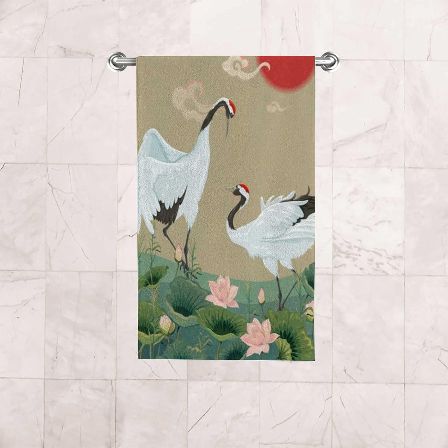 Hapuxt Hand Towels Face Towels Set of 2 Japanese Cranes Lotuses Asian Oriental Style Soft Comfortable Polyester Microfiber Fast Water Absorbent Towels for Bathroom Kitchen 30X15 Inch - Image 6