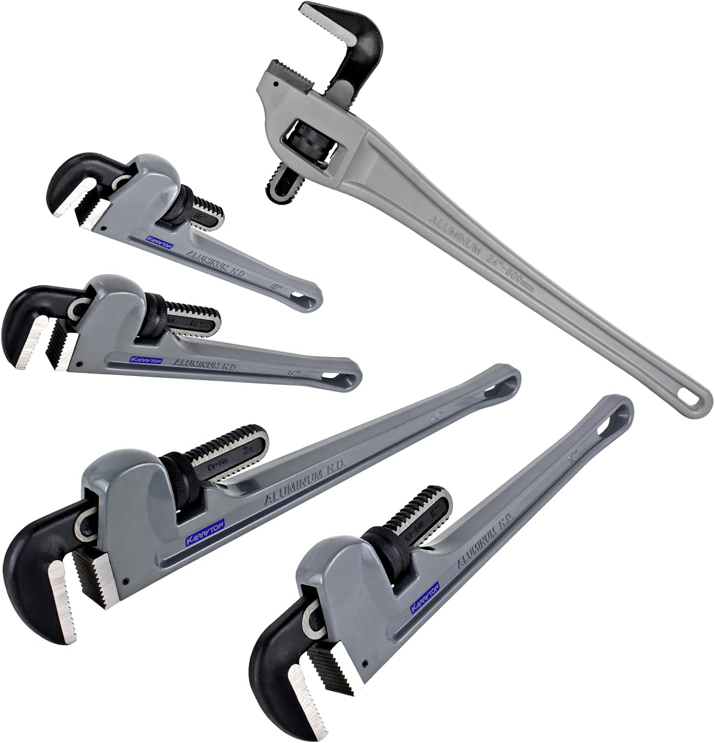 Aluminum Pipe Wrench set(10" 14" 18" 24") + 24" Aluminum Offset Pipe Wrench, Adjustable Heavy Duty Plumbers Tool with Drop Forged Jaw,Exceed the Standard GGG