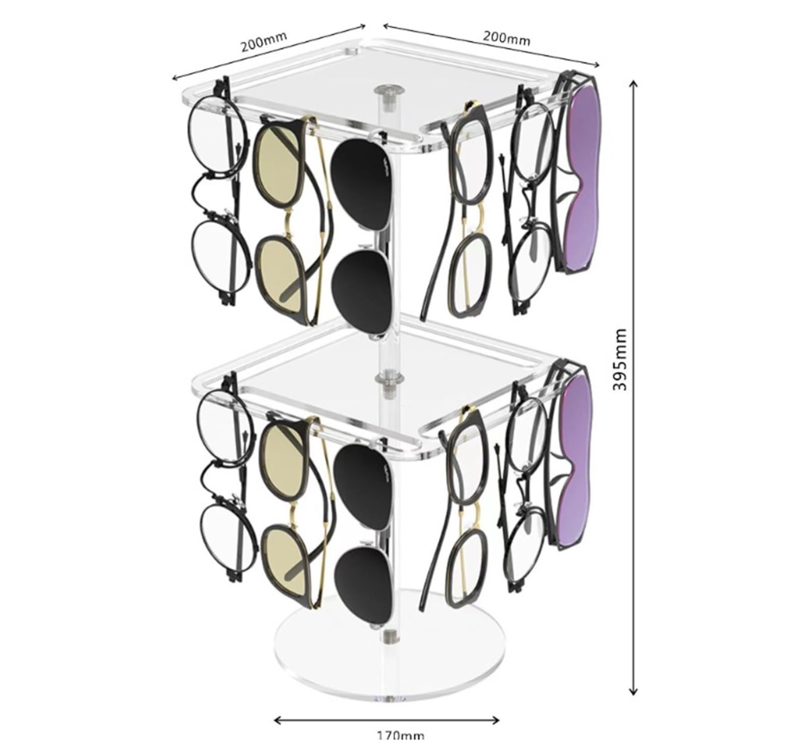 Porta Occhiali Portaocchiali Espositore da Tavolo for Occhiali da Sole in Acrilico con Rotazione A 360° Espositore Occhiali(Transparent,20x20x39.5cm)