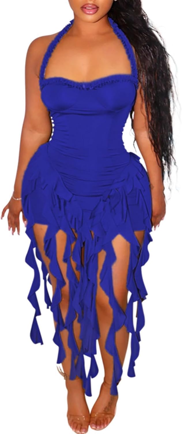 Ptorlio Sexy Women's Mini Halter Dress Birthday Party Club Ruffle Tassel Backless Bodycon Short Dresses
