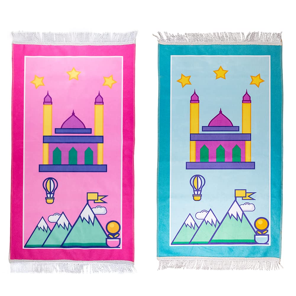 SKATTOOTH Kids Prayer Rug, Prayer Mat Padded, Cartoon Praying Rug for Children Gift, Ramadan Gifts (Red and Blue)