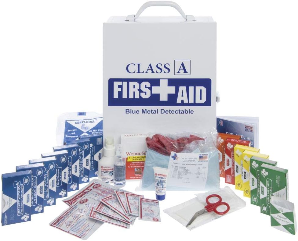 Certified Safety Hospitality Class A First Aid Kit with White Metal Case - 10 1/4"L x 4 5/8"W x 15"H
