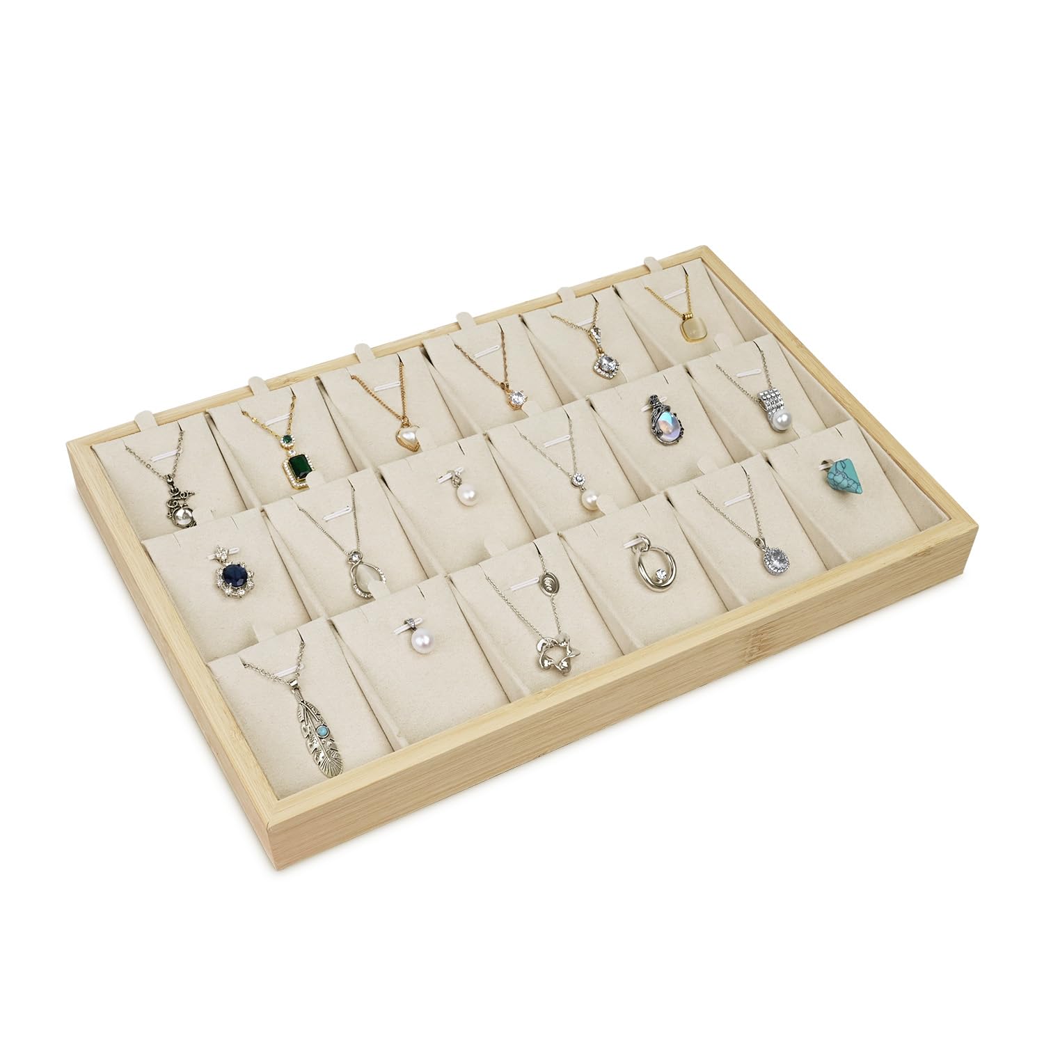 MOOCA Bamboo Necklace/Earring/Pendant Display Tray Organizer, Beige Velvet Covered Necklace Card, Showcase Up to 18 Necklaces and Pendant, Beige Color, 14