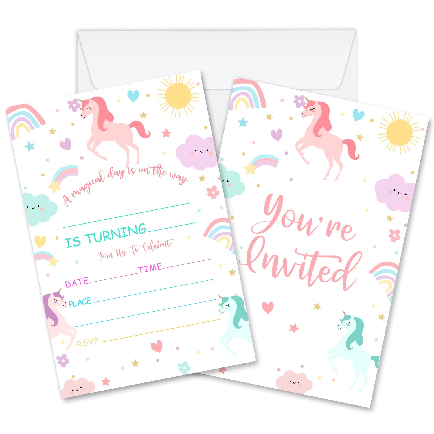 A Magical Day Is On The Way - Boho Magical Unicorn Birthday Invite for Girls Teen, Unicorn Birthday Party Invitations Card, 20 Invitations With Envelopes, Birthday Party Supplies & Decorations -002