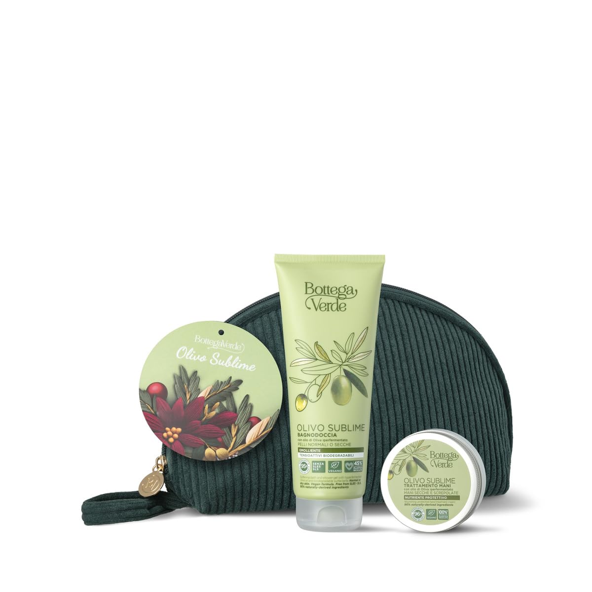 Bottega Verde - Cofanetto Regalo Olivo Sublime con Pochette, Bagnodoccia 200 ml e Trattamento Mani 50 ml, con Olio di Oliva Iperfermentato, Idea Regalo