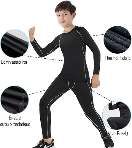 Miniatura 5 de HOPLYNN Youth Boys 2 Set Thermal Underwear Compression Leggings and Shirts Long Johns, Kids Fleece Warm Lined Base Layer