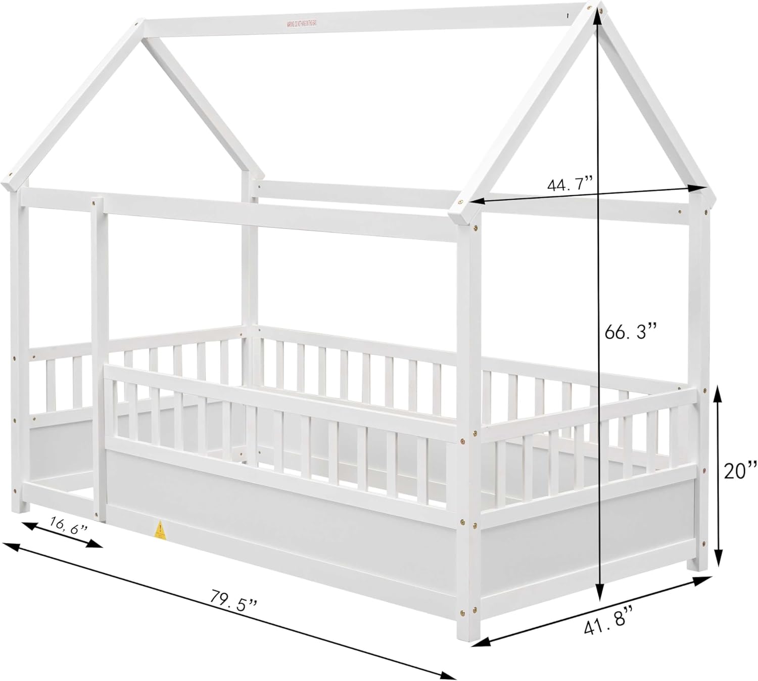 WasaFire Twin Size Floor Wooden Bed with House Roof Frame Fence Guardrails (White)