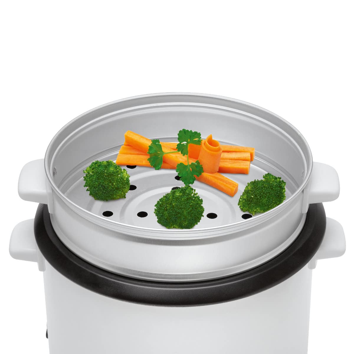 Clatronic Appareil Électroménager 2 en 1 - Cuiseur Riz à Revêtement Anti-adhesif - Cuiseur à Vapeur - Avec Panier à Étuver en Aluminium - RK 3566 Blanc