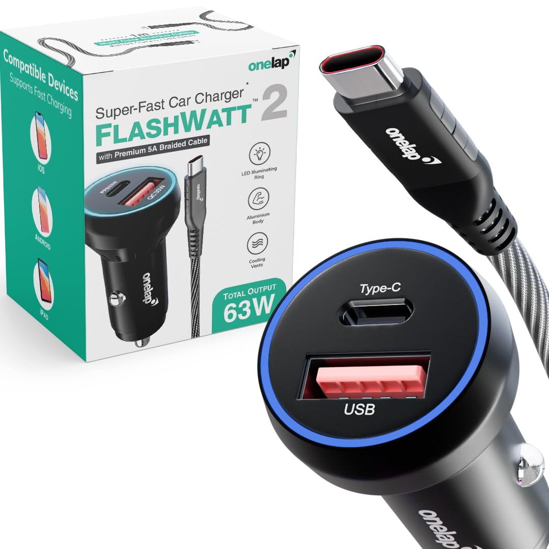 Onelap FlashWatt 2™ - 63W Car Charger QC 4.0+ with E-Marker 100W Type C Cable | Unbreakable Aluminium Alloy | Multicore Braided Cable | iPhones | Smartphones | Tablets & More