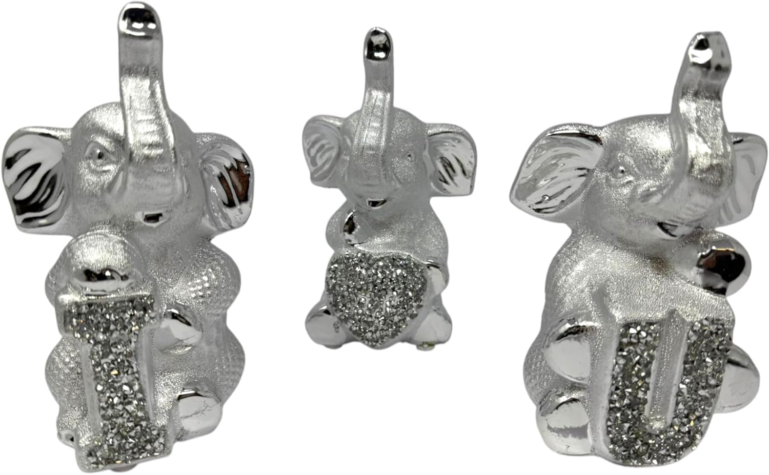 AIDNI Set of 3 Silver Elephant Figurines – “I Heart U” Sparkle Ornaments, Ceramic Crushed Diamond Bling Statues, Lucky Elephant Home Décor Gift, 15x11cm