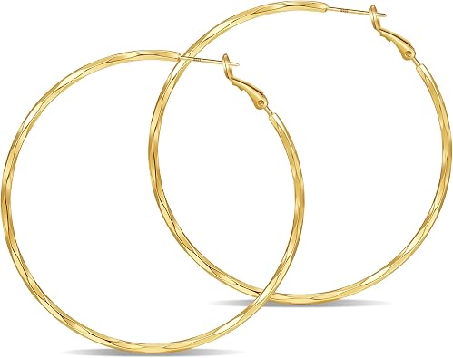 2MM Thin Gold Hoop Earrings Sterling Silver Post Hoop Earrings For Women Diamond-Cut Gold Hoops Earrings 14K Gold Plated Hoops Earrings Lightweight Hypoallergenic Oversize Gold Earrings For Women