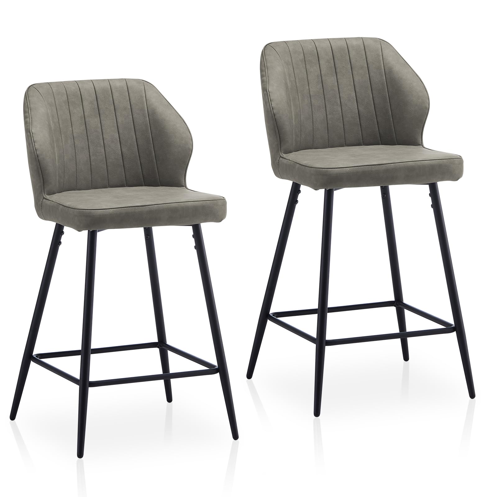 TUKAILAi Faux Leather Bar Stools Set of 2, Modern Counter Height Barstools with Back, Footrest and Metal Legs, Upholstered Dining Chairs for Kitchen Island, Cafe, Restaurant (Light Grey)