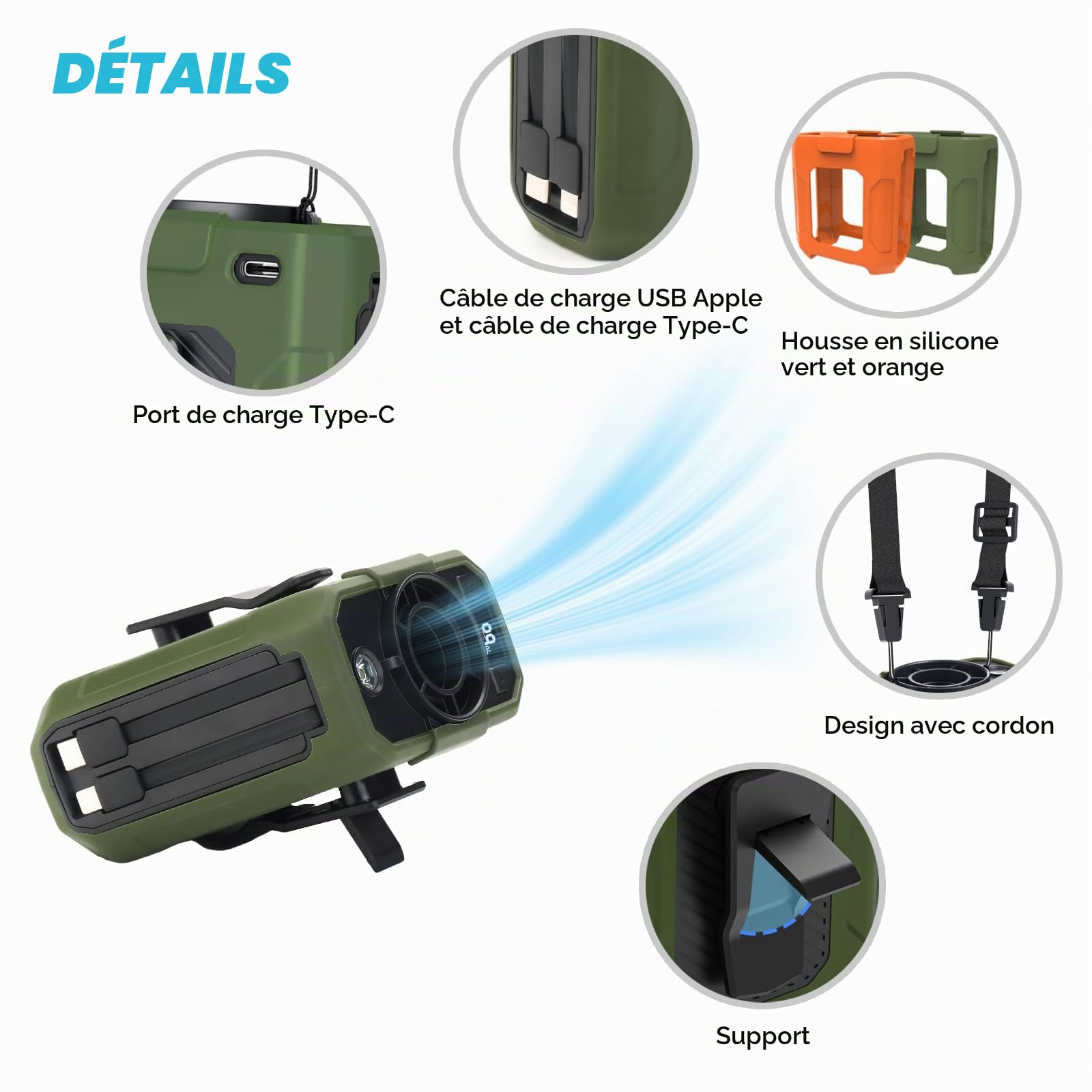 LONHEO Ventilateur 4 en 1 à clip de taille avec batterie externe de 10 000 mAh, 5 vitesses, rechargeable, ventilateur de ceinture portable pour l'extérieur, le camping, l'escalade