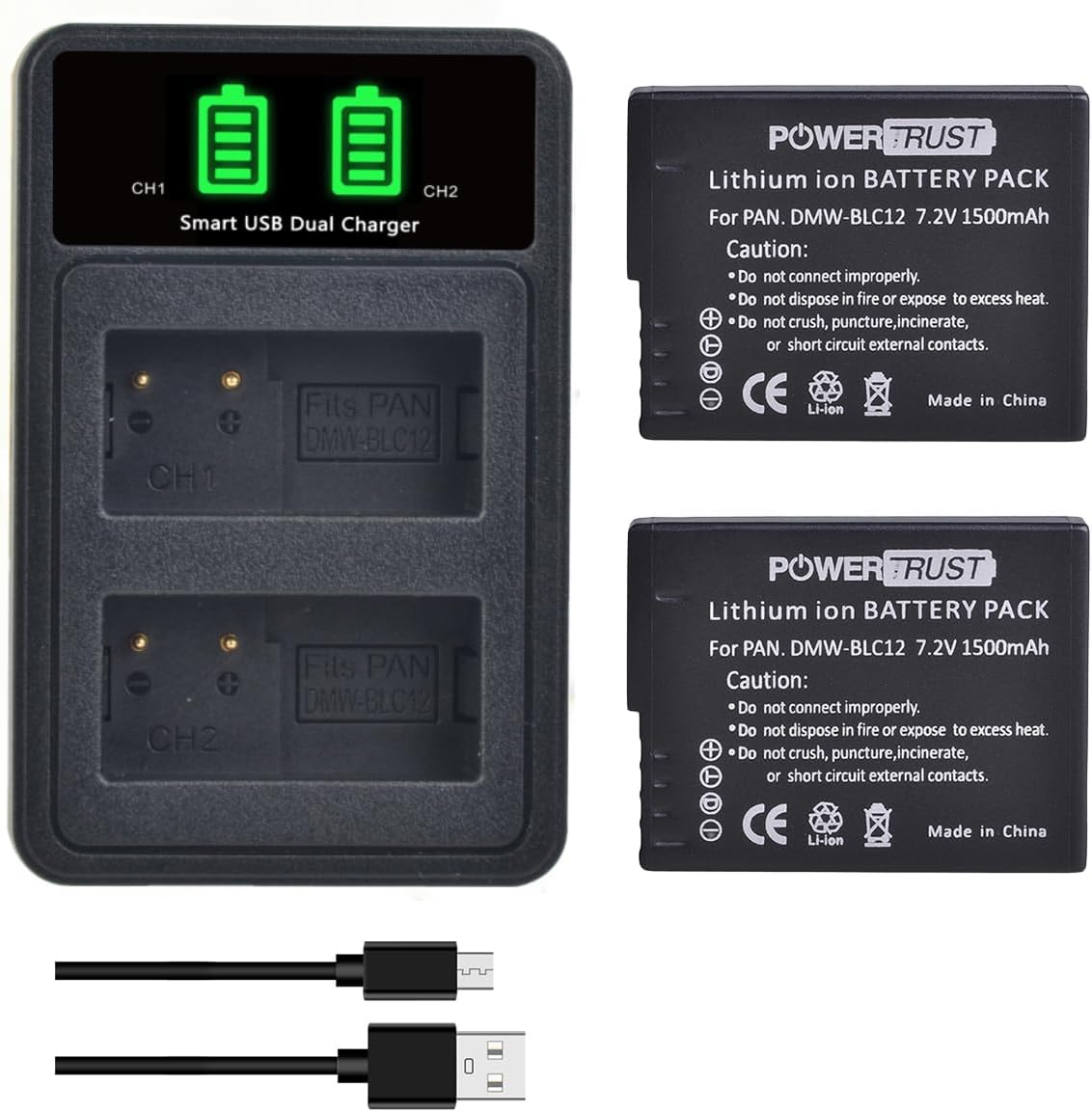 2Pack DMW-BLC12 DMW-BLC12E Battery with Charger for Panasonic Lumix DMC-FZ200 DMC-FZ1000 DMC-G5 DMC-G6 DMC-G7 DMC-GX8 DMC-G85 DMC-GH2 Cameras