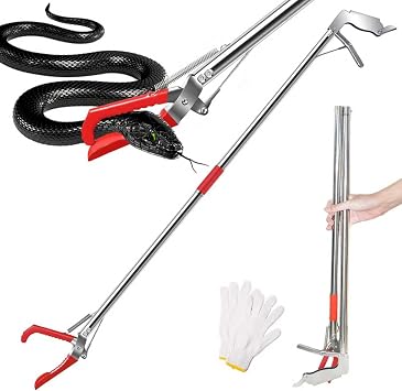 59" Snake Grabber Tool,Rubber-Jawed Locking Reptile Tongs for Rattlesnakes,Long Reach Folding Snake Catcher for Outdoor,Multi-Functional Hook,Pole