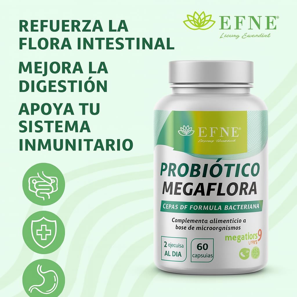 EFNE Probiotico Megaflora – 60 capsulas – Fórmula avanzada Megaflora Evo 9 (multi‑cepa, 9 cepas) – 100 % vegano – Apoyo digestión, microbiota equilibrada e inmunidad, formula avanzada