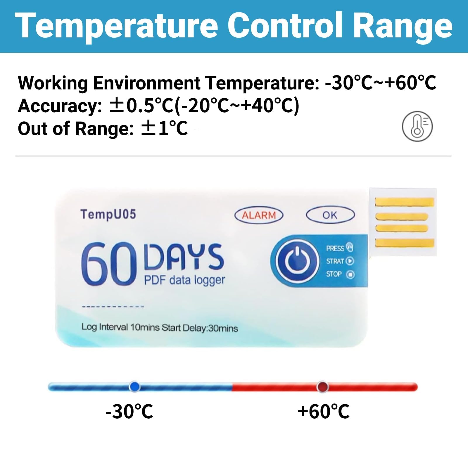 Rejestrator Temperatury USB, Jednorazowy, 10000 Pomiarów, Zakres -30°C do +60°C, Format PDF (TempU05)