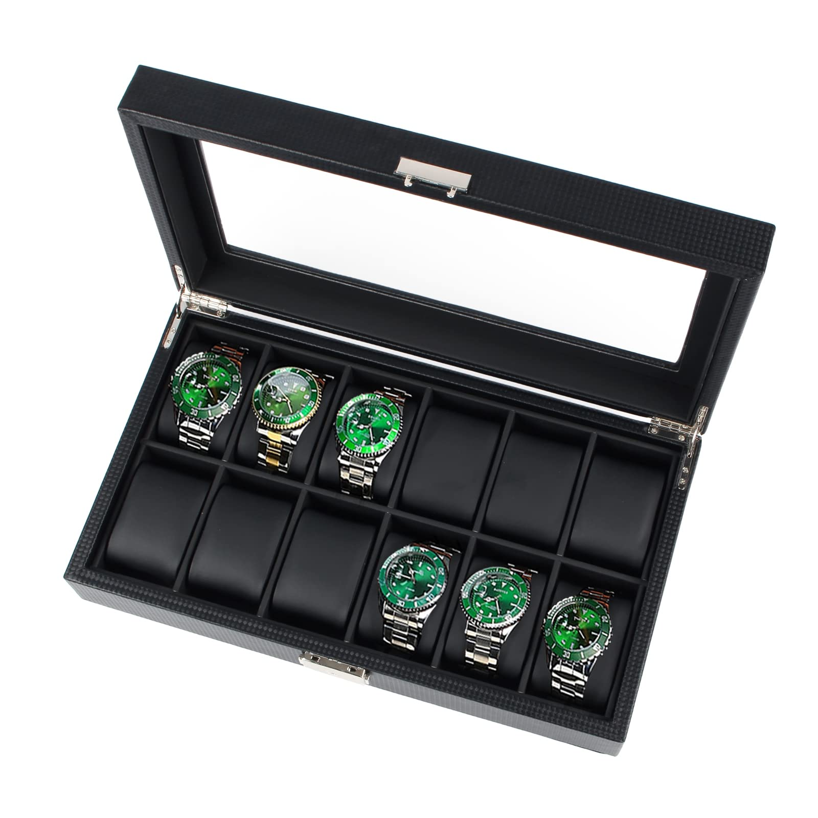 Gramiibeau Boîte à Montres Homme, Noir, 12 Compartiments, Rangement Montre avec Couvercle en Verre, Aspect Tressé, Couvercle en Métal, 35 x 20 x 8 CM