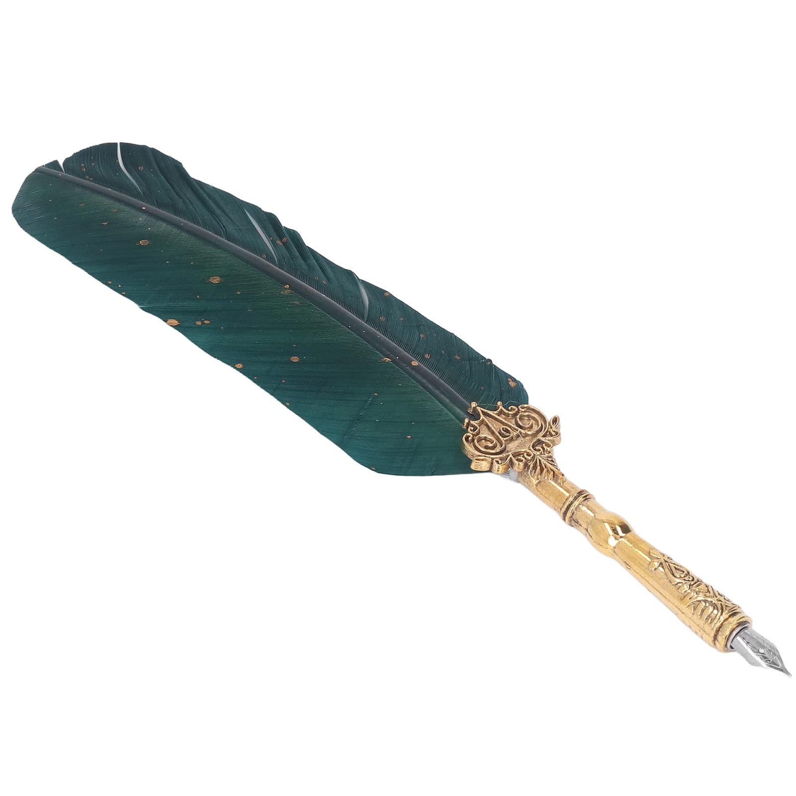 Lot de stylos de calligraphie avec pointe en acier inoxydable, style européen avec pointes de rechange et flacon d'encre pour écriture vintage (pois vert foncé)