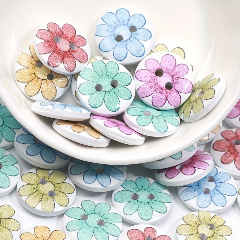100pcs Assorted Colors 15mm Wooden Flower Buttons - Decorative Floral Wood Beads for Crafts, Ideal for DIY Jewelry Making, Sewing, and Scrapbooking