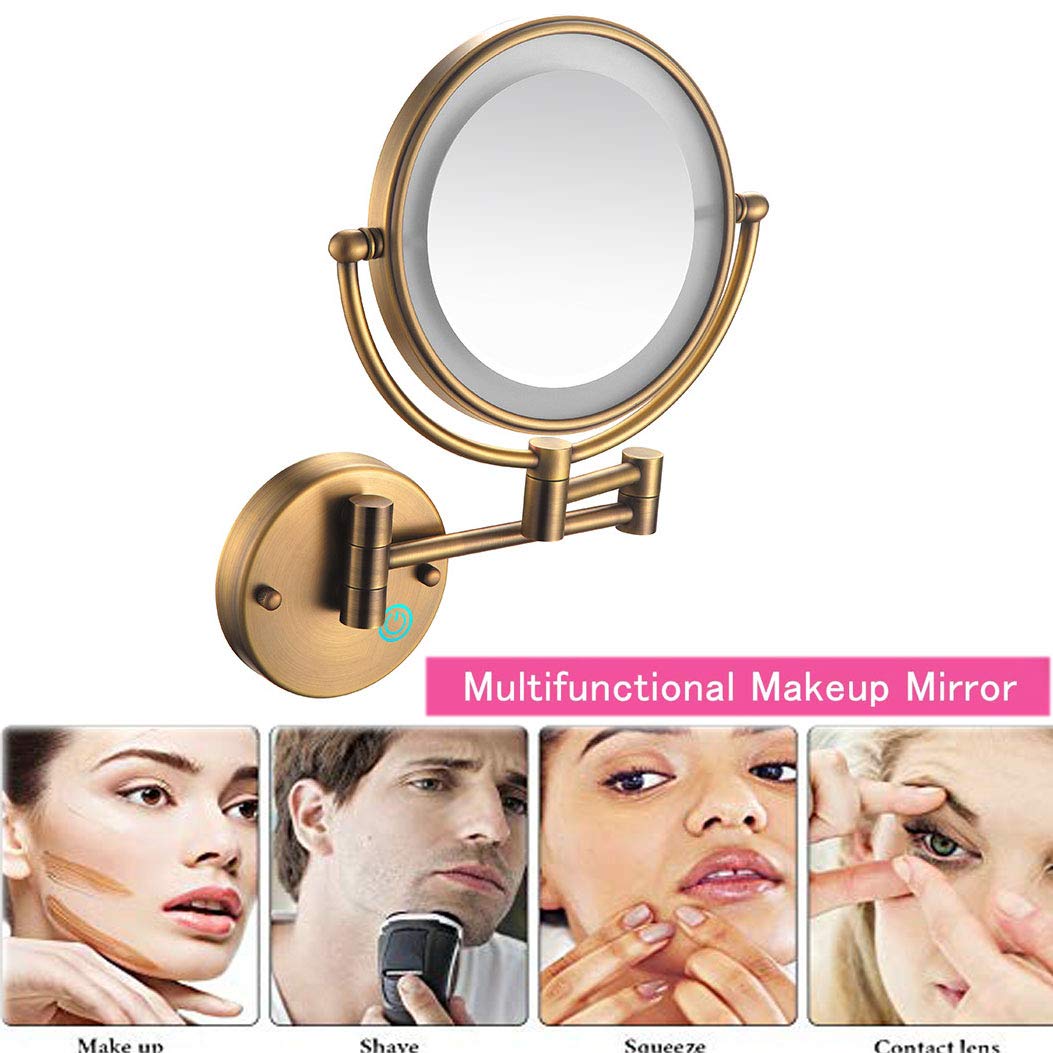 Specchio Espejo de maquillaje de pared con luces LED, giratorio de 360°, espejo de baño con aumento de doble cara, cableado, brazo extensible para un uso fácil, perfecto para aplicar maquillaje.
