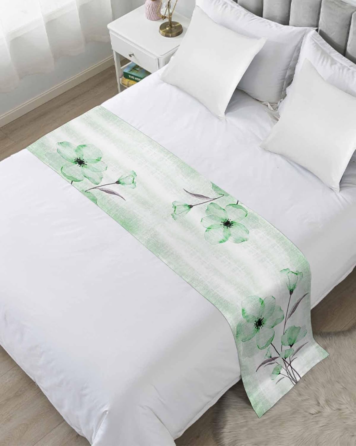 Country Elegant Floral Bed Runner for King Bed, Bedspread Protector Slipcover Bed Scarf for Foot Bed Runners & Scarves for Bedroom Hotel Wedding Room 102x20 Spring Summer Farmhouse Flower Retro Ink