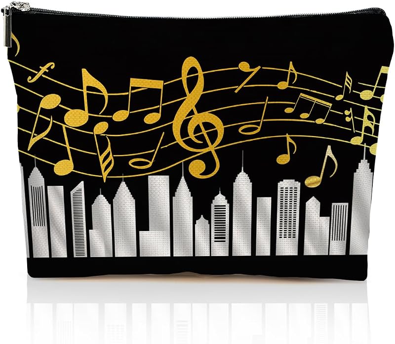 Necessaire YRZGBNM com estampa de nota musical e piano, fechamento por zíper