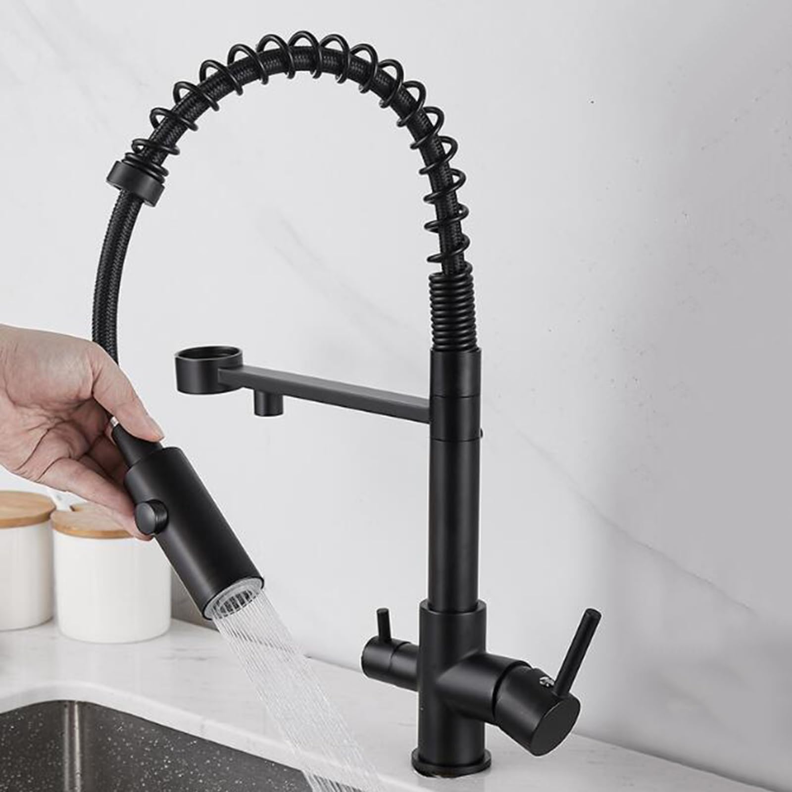 MXXQRHF 3 Way Faucet Kitchen Brass 360°Rotatable Water Cold and Hot Double Handle Mixer Kitchen, Black