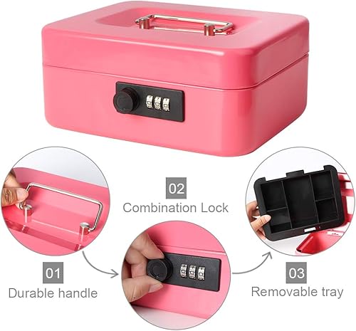 Miniatura 4 de Decaller Caja de dinero con cerradura de combinación, caja de seguridad de metal pequeña con bandeja de dinero, 7 45 x 6 45 x 3 35 pulgadas, color
