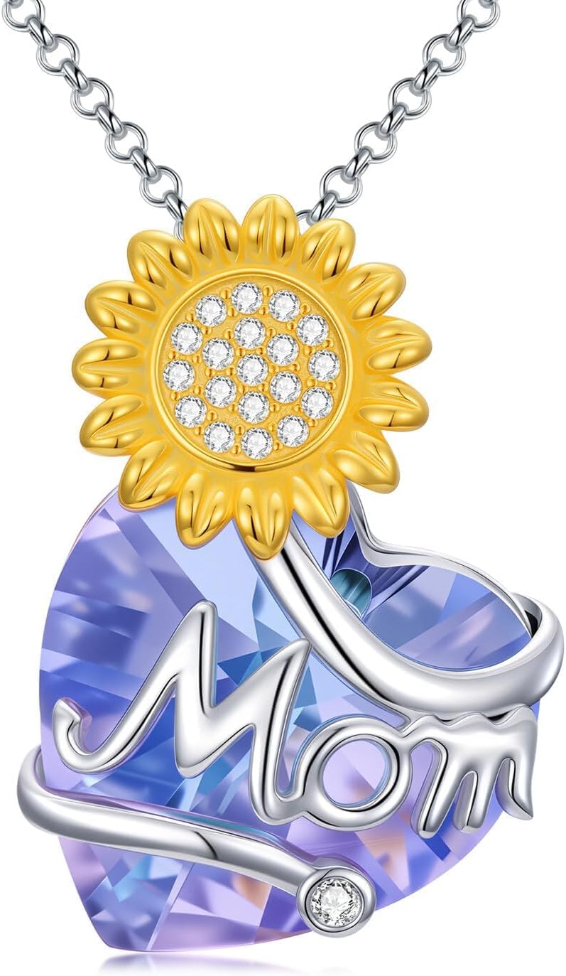Midari Christmas Gift Heart Crystal Necklace Sterling Silver Rose/Sunflower Necklace Floral Pendant I Love You Mom Jewelry Mothers Day Birthday Xmas Jewelry Gifts for Women from Family Stocking Stuffers