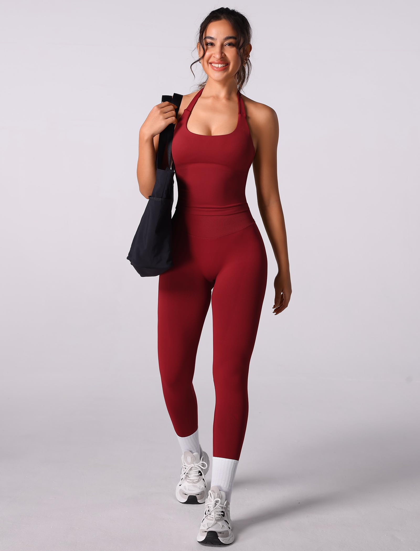 Odizli Sport Set Damen Neckholder Top mit BH + High Waist Leggings Outfit Fitness Gym Yoga Sportset